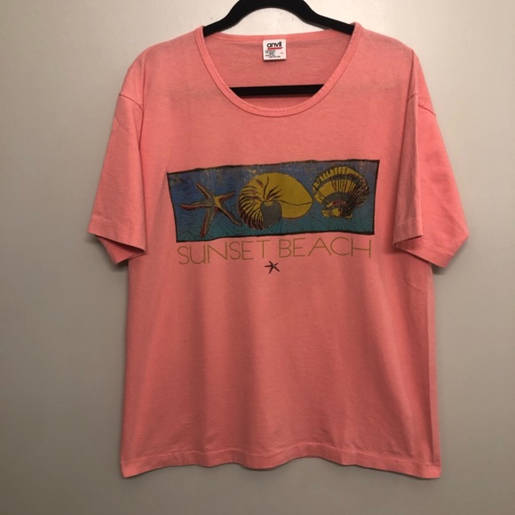 Anvil Tops - Anvil sunset beach seashell shirt pink vtg